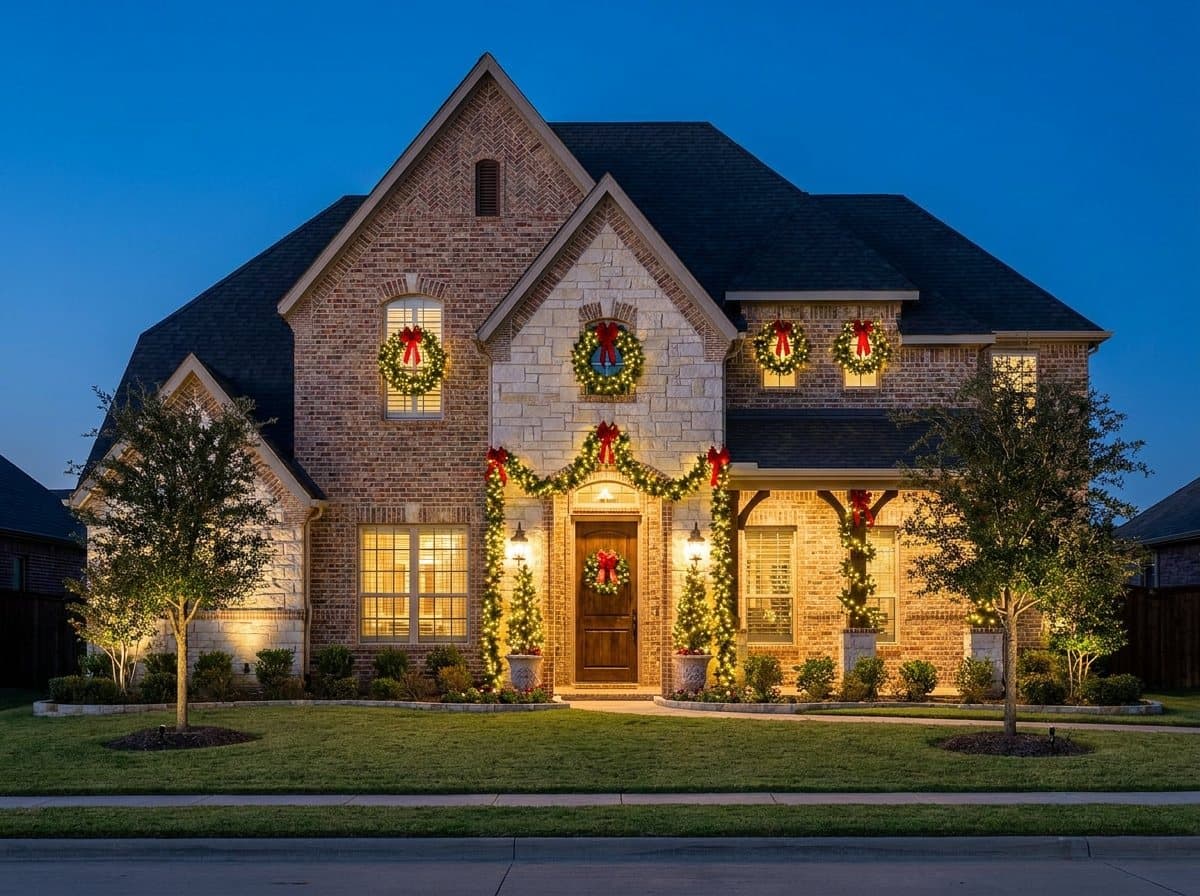 A North Texas home with wreaths, garland & trees